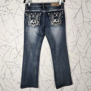 Platinum Plush Winged Skull Rhinestone Low Rise Bootcut Jeans